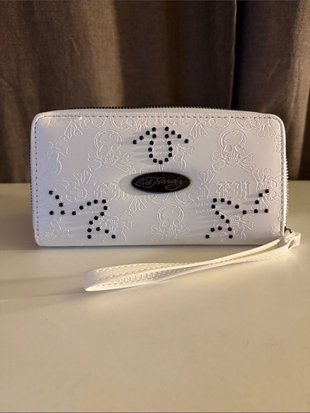 Ed Hardy White Embossed Wristlet Wallet with Black Stud Accents